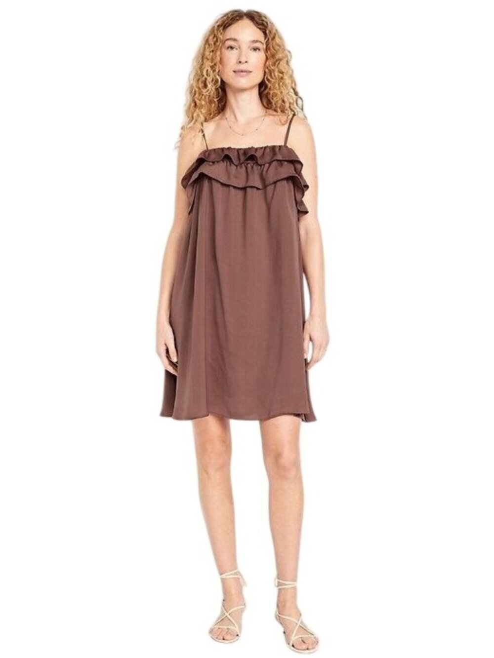 Old Navy Mini Dress Large Dress Sleeveless Ruffle Square Neck Brown Neutral NEW